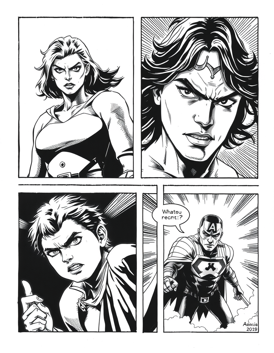 Comic Art idea: comic art, bold ink lines, halftone shading, dynamic composition, o primeiro e o segundo quadro vai ser como se fosse um pré adolecente com medo de um