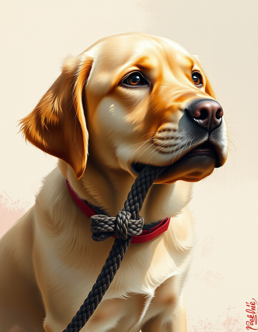 Photo To Paintings idea: painting from the photo, rich brushstrokes, painterly texture, Golden Labrador puppy with coiled up lead showing in it's mouth , fine-art painting por