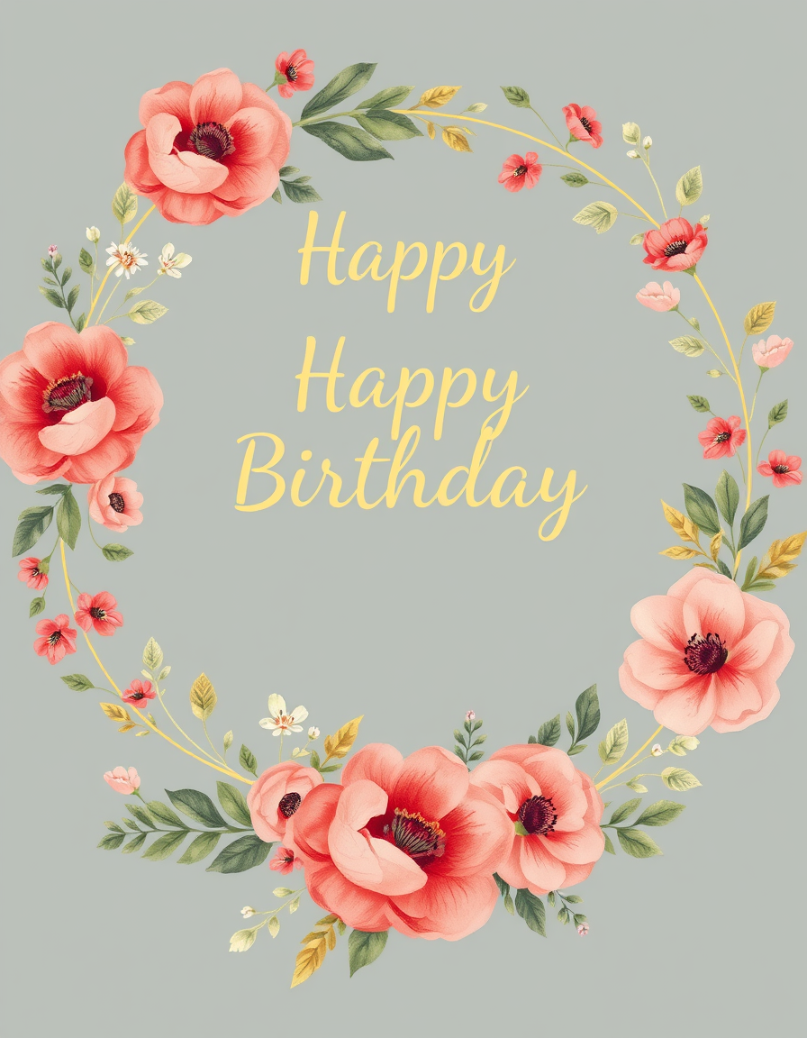 Birthday Cards idea: birthday card design, cheerful festive artwork, space for greeting, elegant floral wreath with gold lettering, botanical illustration , printable birt