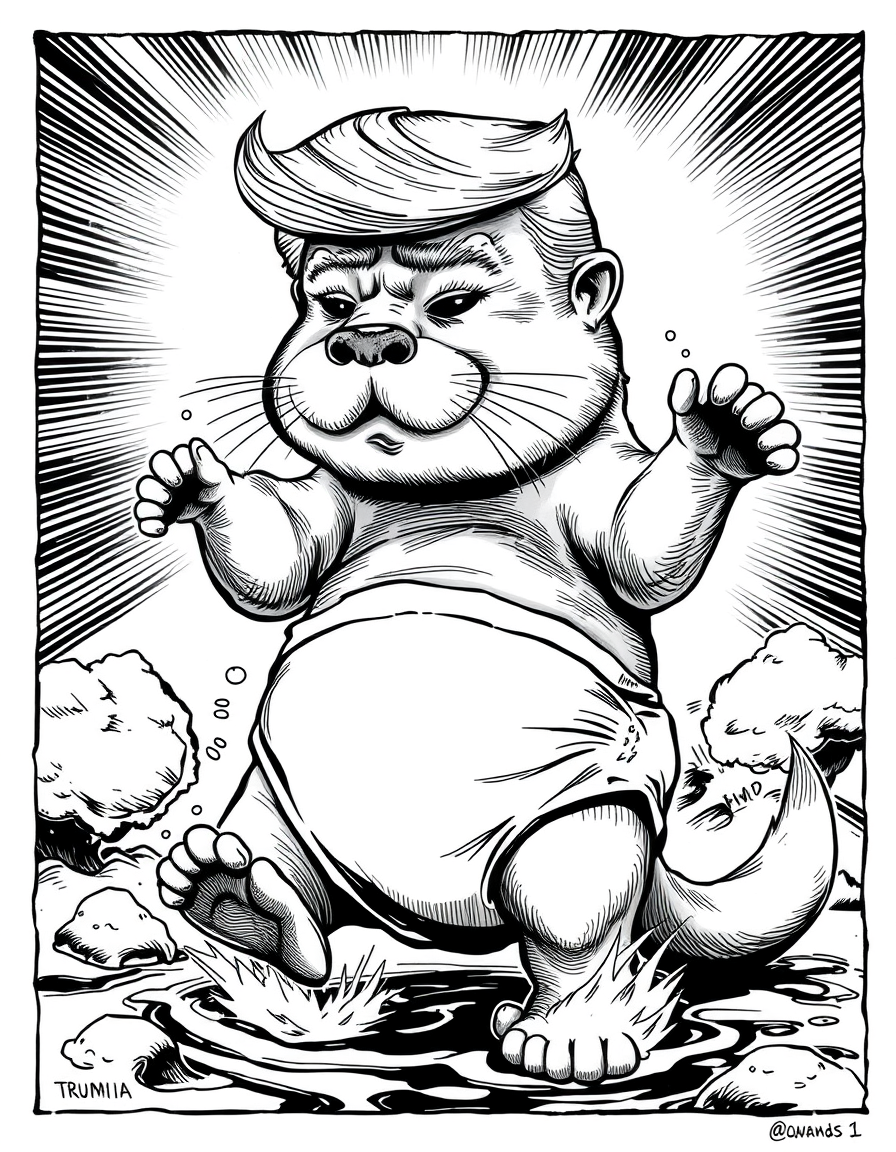 Comic Art idea: comic art, bold ink lines, halftone shading, dynamic composition, Donald Trump being transformed into a baby female River otter anthro in a puffy diap