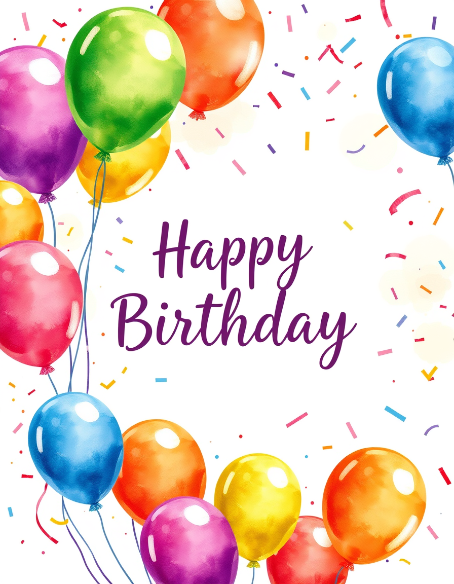 Birthday Cards idea: birthday card design, cheerful festive artwork, space for greeting, colorful balloons and confetti, watercolor style, bright and festive , printable b