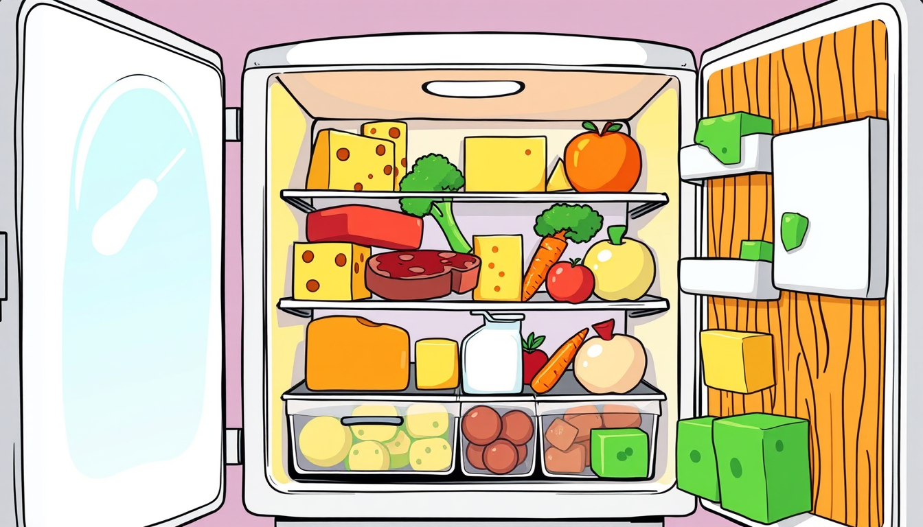 Comic Art idea: comic art, bold ink lines, halftone shading, dynamic composition, ide cartoon banner for a puzzle game called "Fridge Tetris": an open white fridge, g