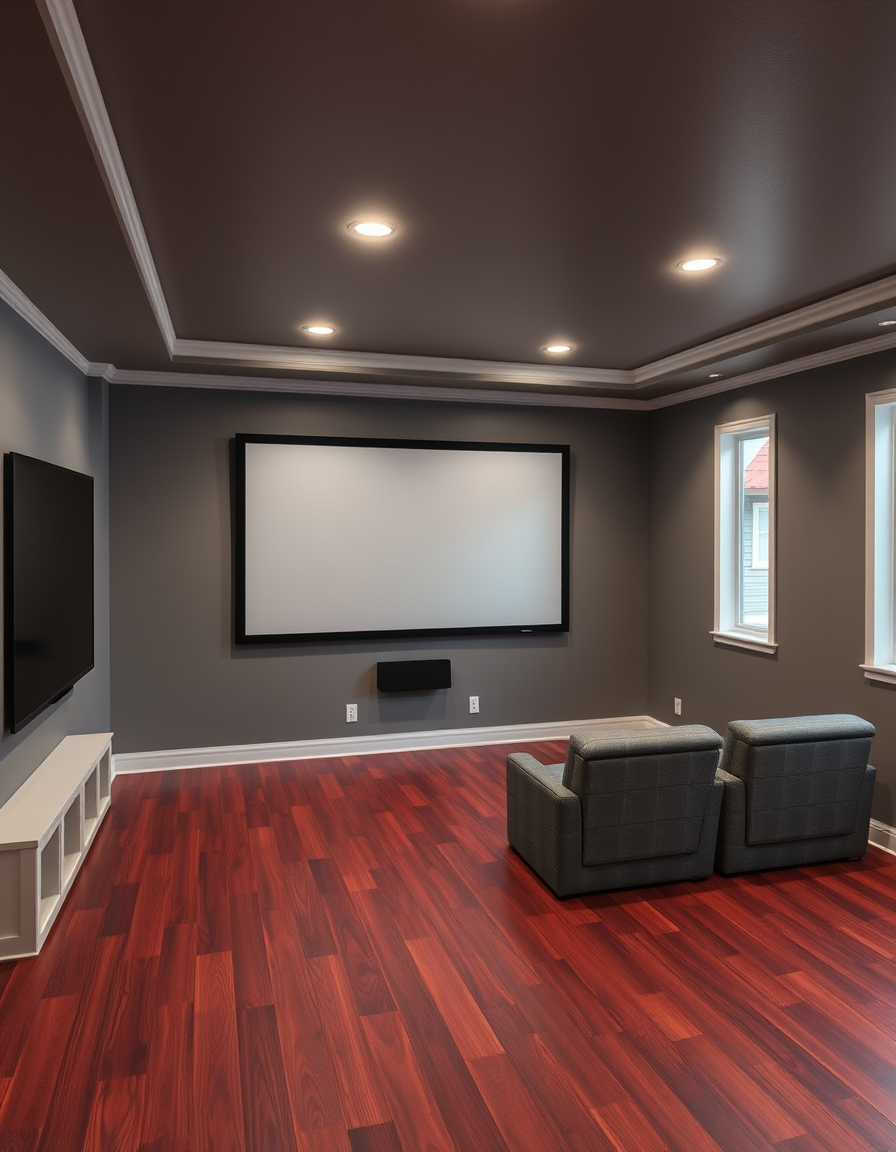 Paint Color idea: room repainted in a new wall color from the photo, accurate paint finish, photorealistic interior render, Basement Home Theater Setup, Dark Red Wood F