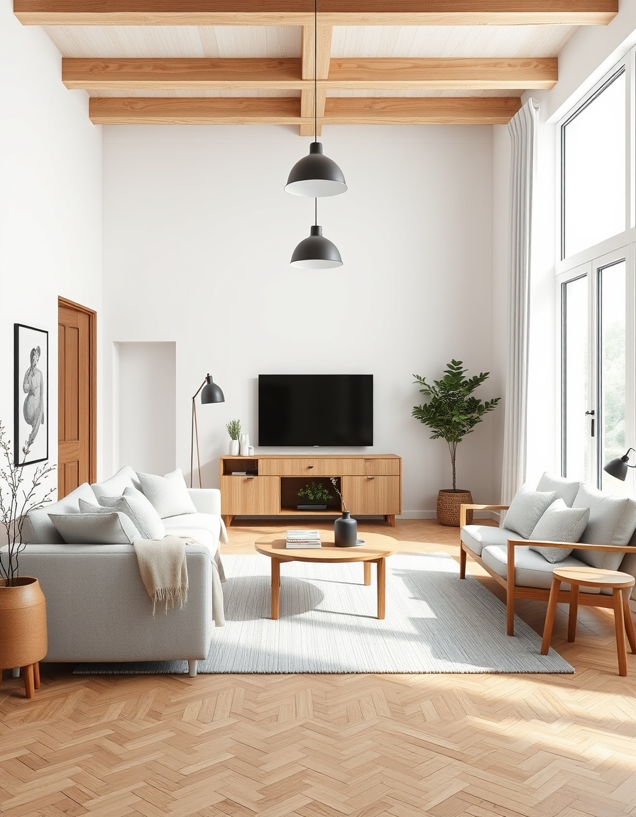 Room Design idea: AI room design, full room layout furniture and lighting, photorealistic interior render, a bright Scandinavian living room with oak furniture, linen s