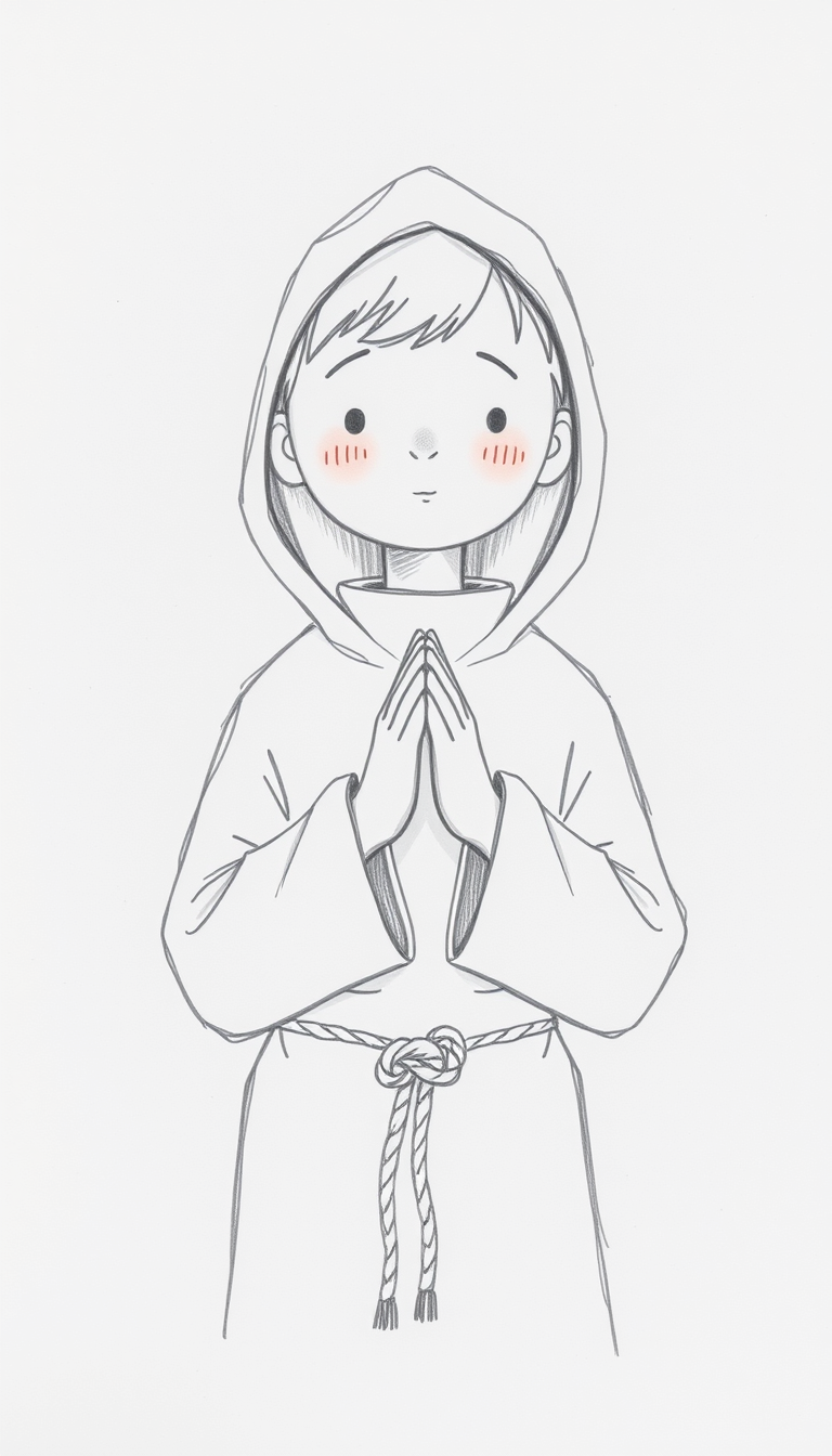 Storybook Illustration idea created from the prompt: storybook illustration, warm narrative scene, hand-drawn feel, soft palette, Quick minimalist graphite pencil sketch of a young Franciscan C