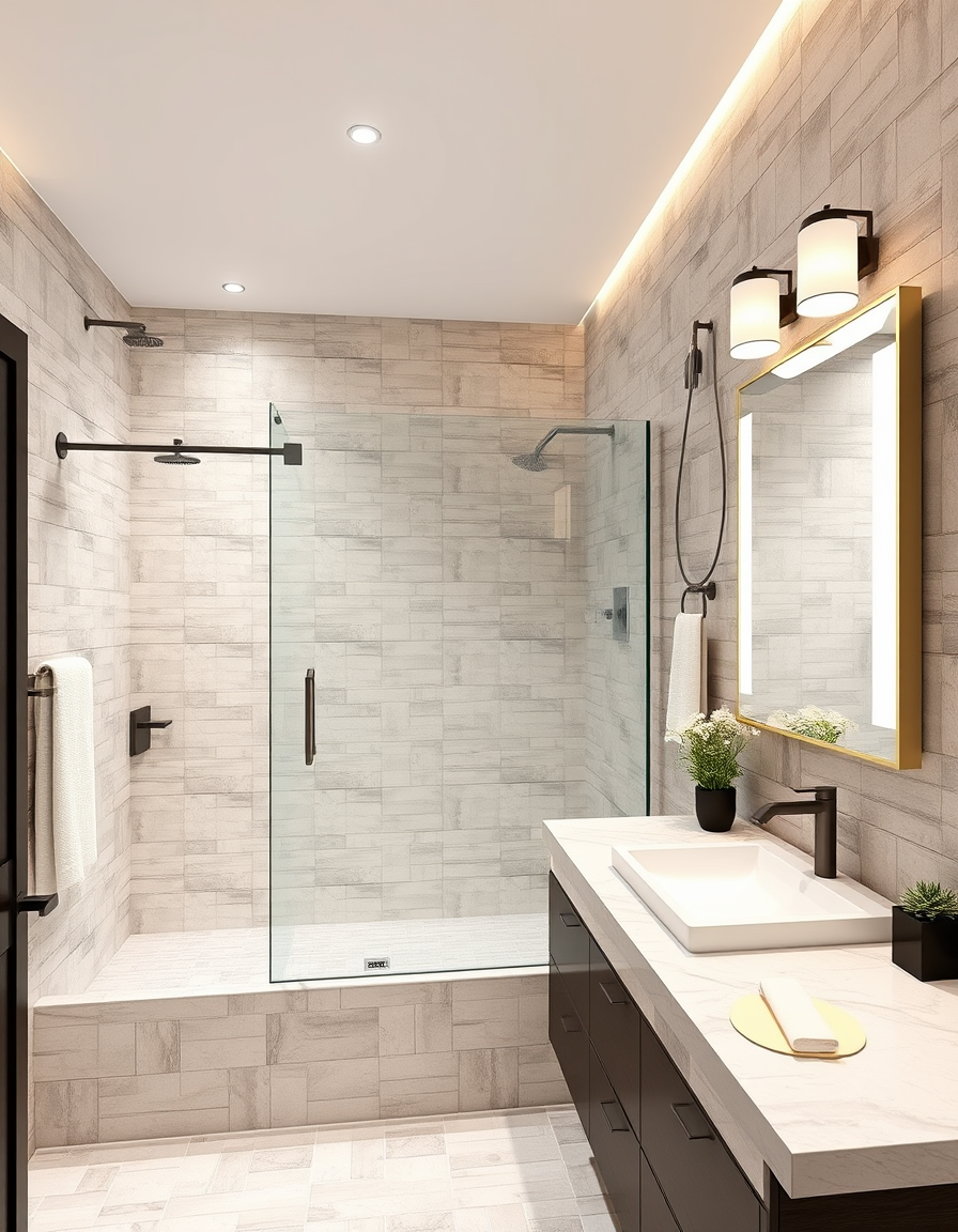 Bathroom Design idea: AI bathroom design, tiled surfaces vanity and fixtures, photorealistic interior render, I want to have different option of standing shower with quarts