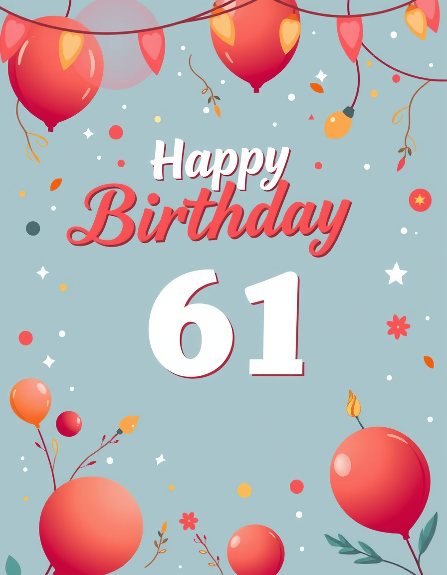 Birthday Card idea created from the prompt: birthday card design, cheerful festive artwork, space for greeting, 61 years old birthday , printable birthday card