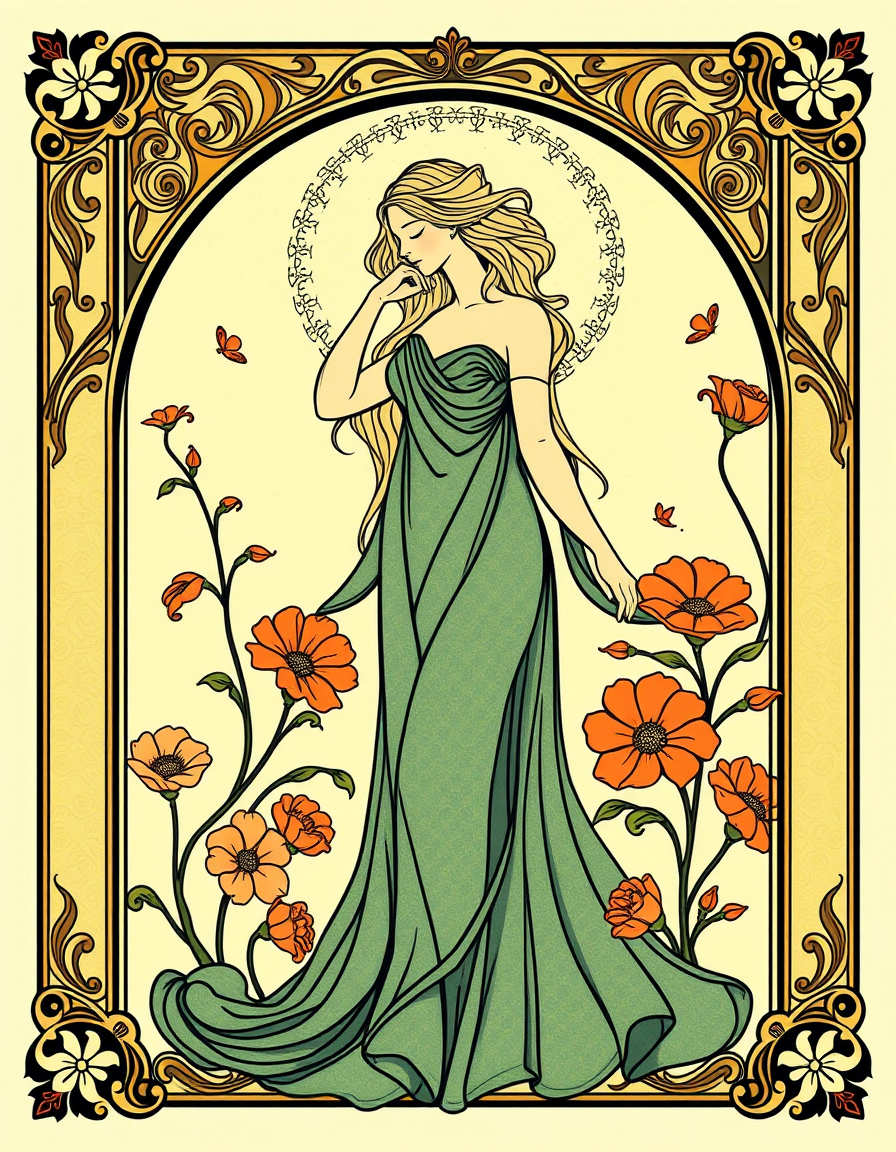 Art Nouveau idea created from the prompt: art nouveau illustration, flowing organic lines, decorative panel borders, ornamental floral motifs, 1930s , inspired by Alphonse Mucha, art