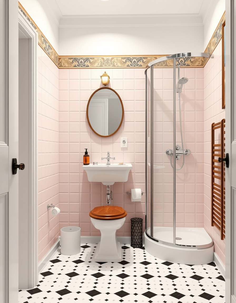 Bathroom Design idea: AI bathroom design, tiled surfaces vanity and fixtures, photorealistic interior render, small bathroom with a toilet on the left of the doorway, then