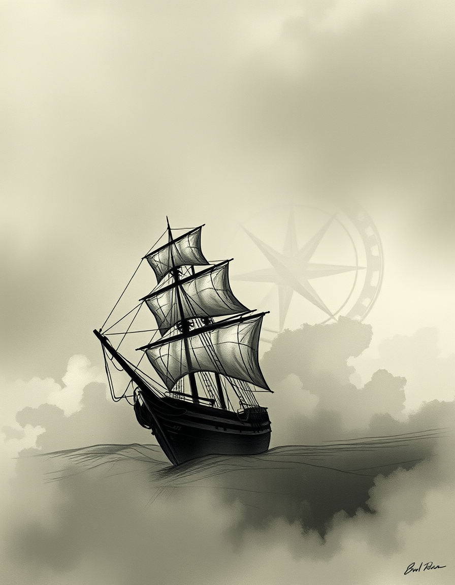 Book Covers idea: book cover composition, vertical 2:3 format, title-ready negative space at top, evocative subject, moody book cover with sketchy clipper ship in the b