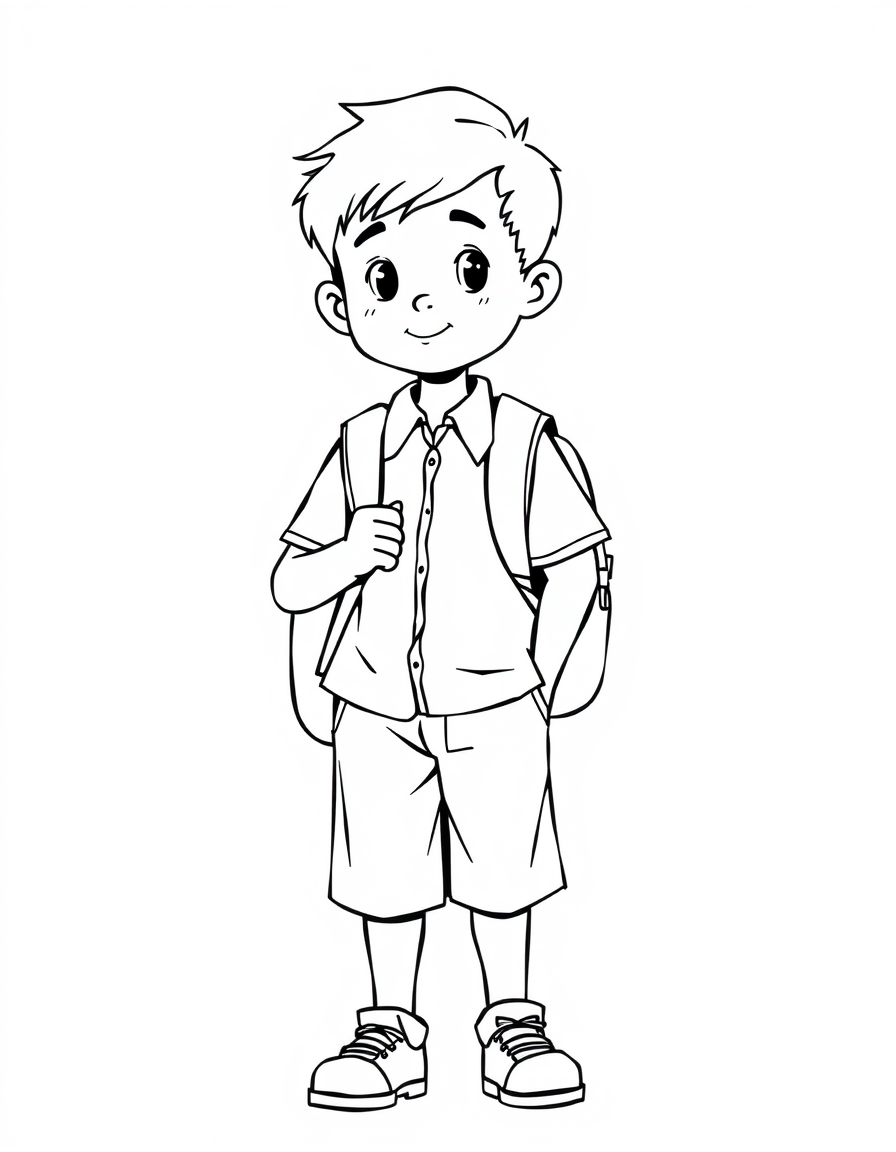 Photo To Outline idea: photo to outline drawing, clean contour lines, minimal shading, preserve subject silhouette, A school boy in uniform, carrying a school bag. The boy s