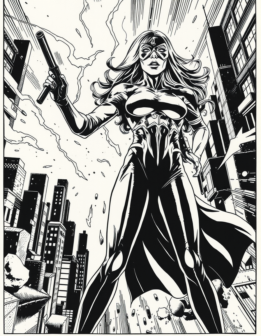 Comic Art idea: comic art, bold ink lines, halftone shading, dynamic composition, she kill him in the end by the way she is a superhero with hidden identity and when