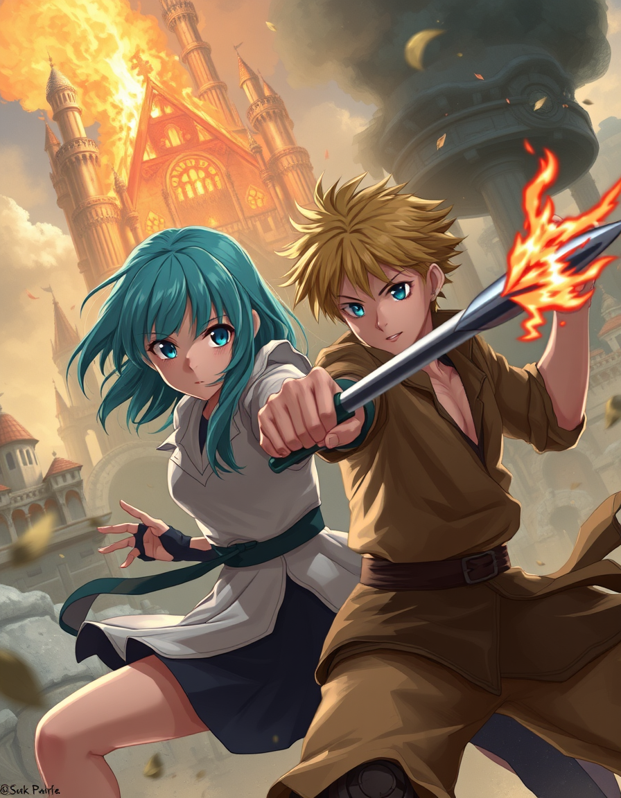 Book Covers idea: cover-ready concept art organized around genre, focal point, and title-safe space, deliberate composition, A anime girl and a boy fighting, the girl h