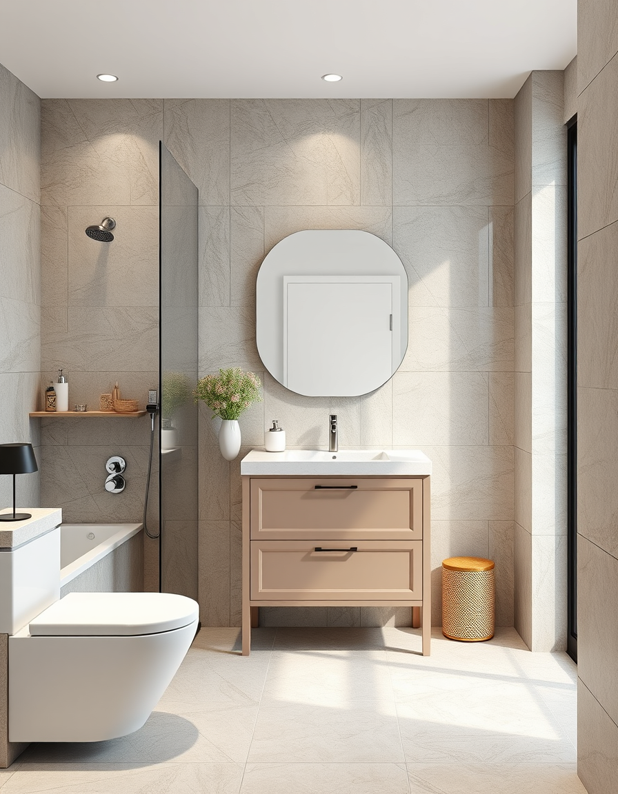 Bathroom Design idea: AI bathroom design, tiled surfaces vanity and fixtures, photorealistic interior render, 我要改建公共廁所，在空間長770cm 寬370cm 高度250公分 分隔男女廁所 男廁 3個小便斗 3間蹲式馬桶 女廁3間蹲