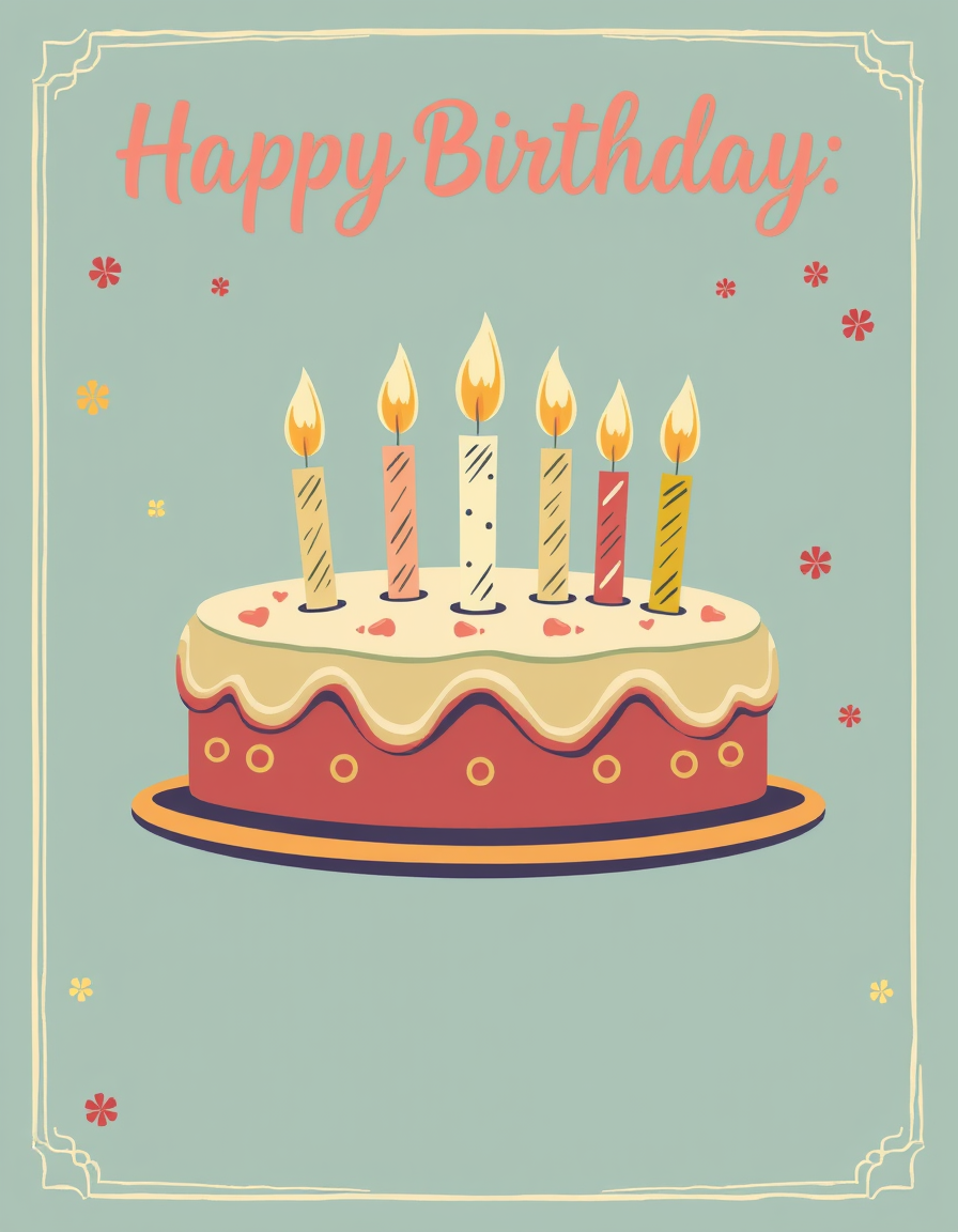 Birthday Cards idea: birthday card design, cheerful festive artwork, space for greeting, vintage retro birthday cake with candles, warm earthy tones , printable birthday c