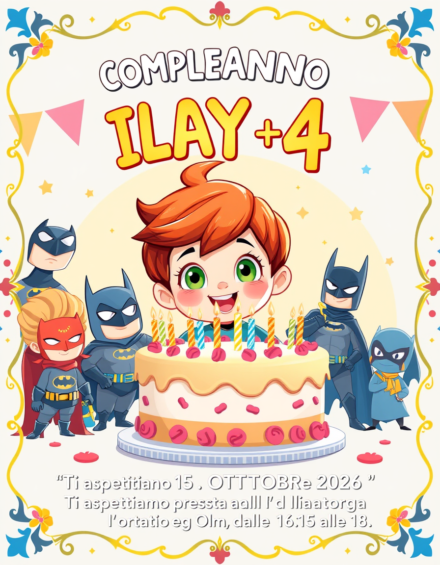Invitation idea: party invitation design, festive layout, decorative border, space for event details, Illustrazione cartoon ispirata a Batwheels. Al centro bimbo di 4