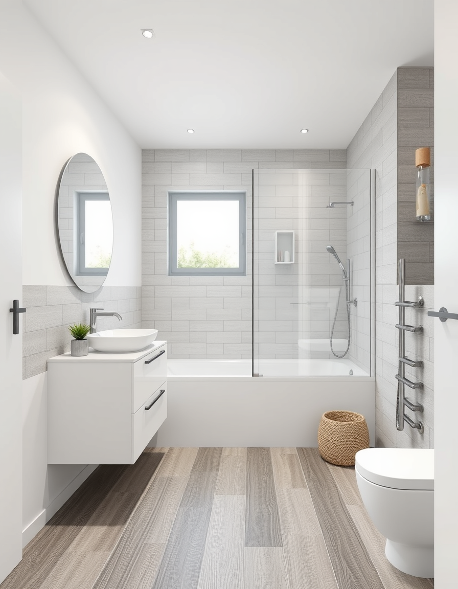 Bathroom Design idea: AI bathroom design, tiled surfaces vanity and fixtures, photorealistic interior render, Gestalte ein modernes Badezimmer. Der Boden mit Fliesen in Hol
