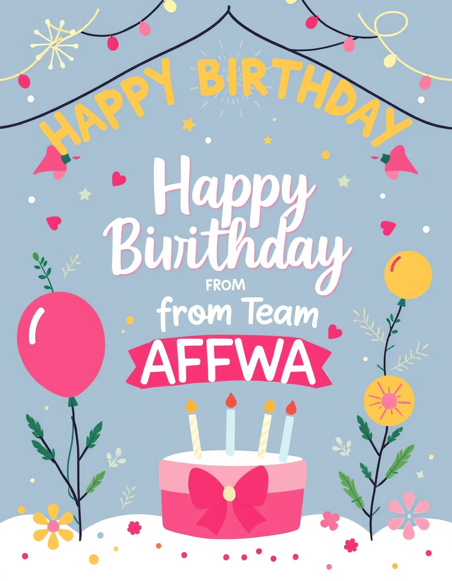 Birthday Card idea created from the prompt: birthday card design, cheerful festive artwork, space for greeting, Best wishes from Team AFFWA (L) , printable birthday card