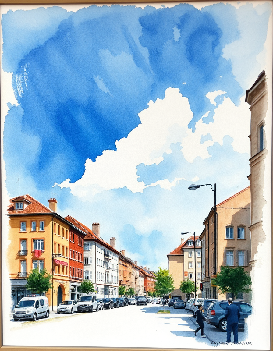 Turn Photo Into Paintings idea: painting from the photo, expressive brushwork, painterly rendering, un paysage urbain converti en aquarelle mélancolique avec des traits d'encre et un