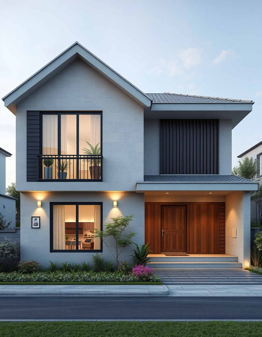 House Exterior Design idea: AI house exterior design, facade materials roofline and landscaping, photorealistic render, コンセプト サウナやモルックの欧風文化を取り入れた優雅な暮らしを開放的空間で繋ぎ家族がのびのび育つ和モダンで重厚感の