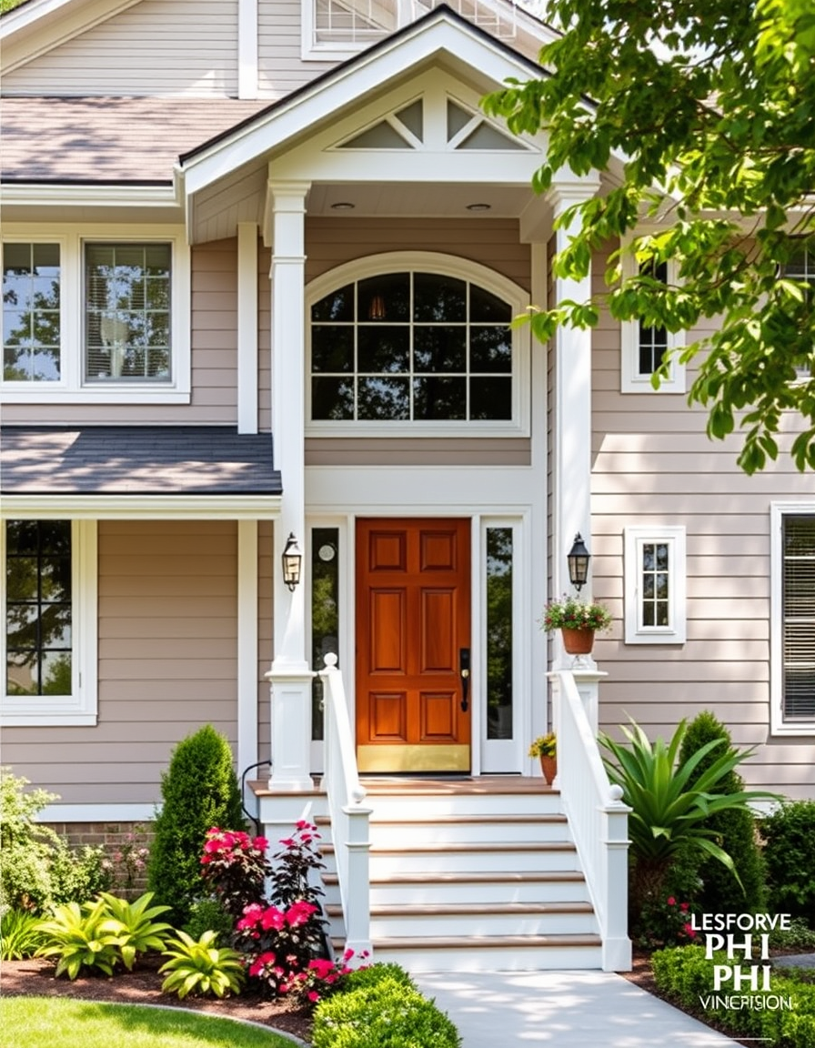 Exterior Paint idea: home exterior paint visualization, preserve architecture and landscaping, recolor siding trim and front door, Phối , realistic exterior paint preview,