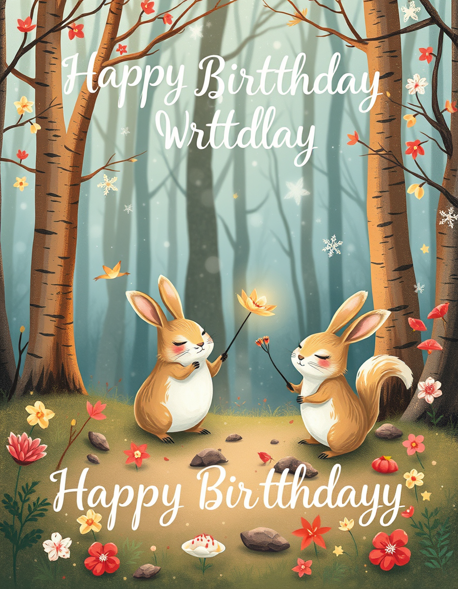 Birthday Cards idea: birthday card design, cheerful festive artwork, space for greeting, magische Waldszene mit Glühwürmchen und Feenlichtern, verträumt Erstelle mir eine 