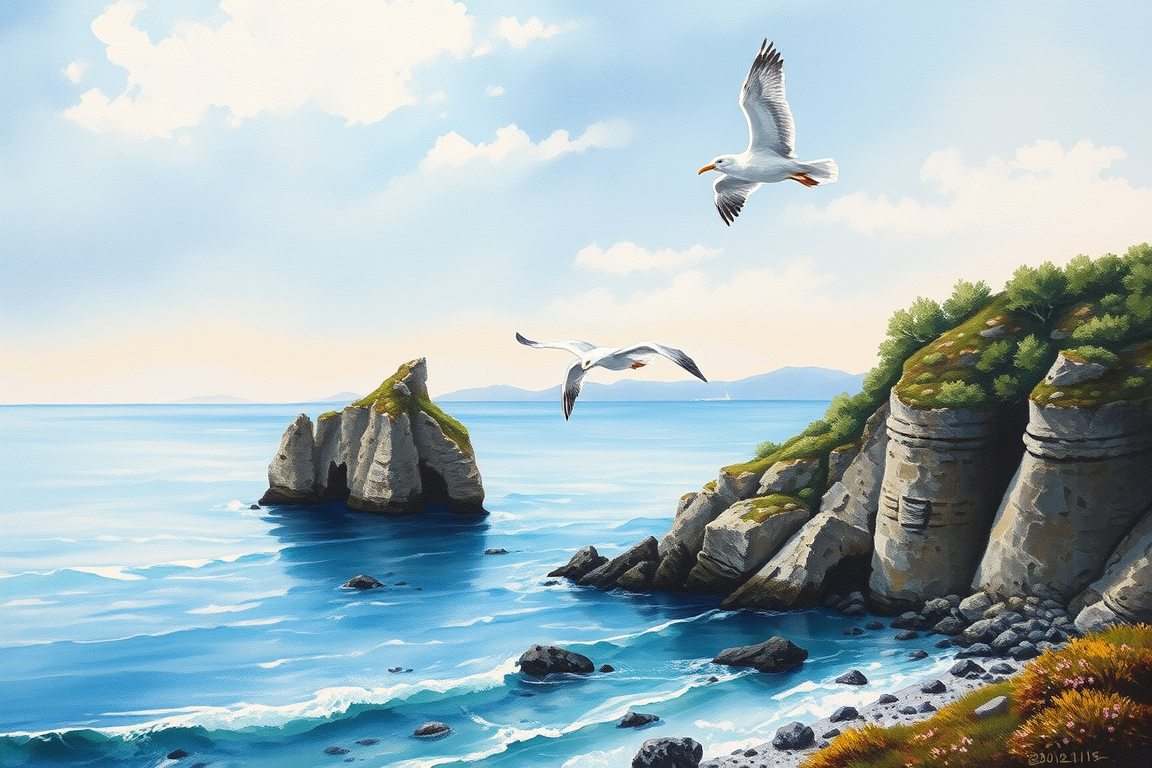 Main painting studio: Une aquarelle amateur représentant un paysage de bord de mer avec des falaises