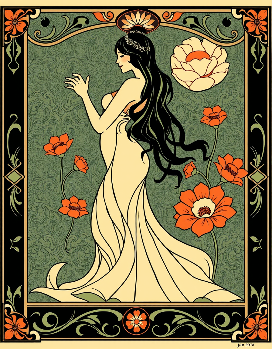 Art Nouveau idea: art nouveau illustration, flowing organic lines, decorative panel borders, ornamental floral motifs, 1920s abstract art , inspired by Alphonse Mucha, 
