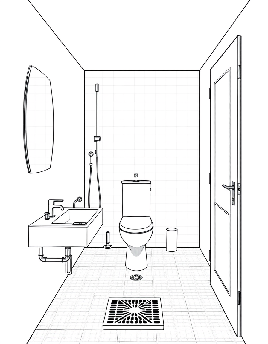 Main painting studio: Draw a complete bathroom in a very small space measuring 180 × 80 cm, including the following elements: - A white washbasin measuring 30 × 50 cm. - A