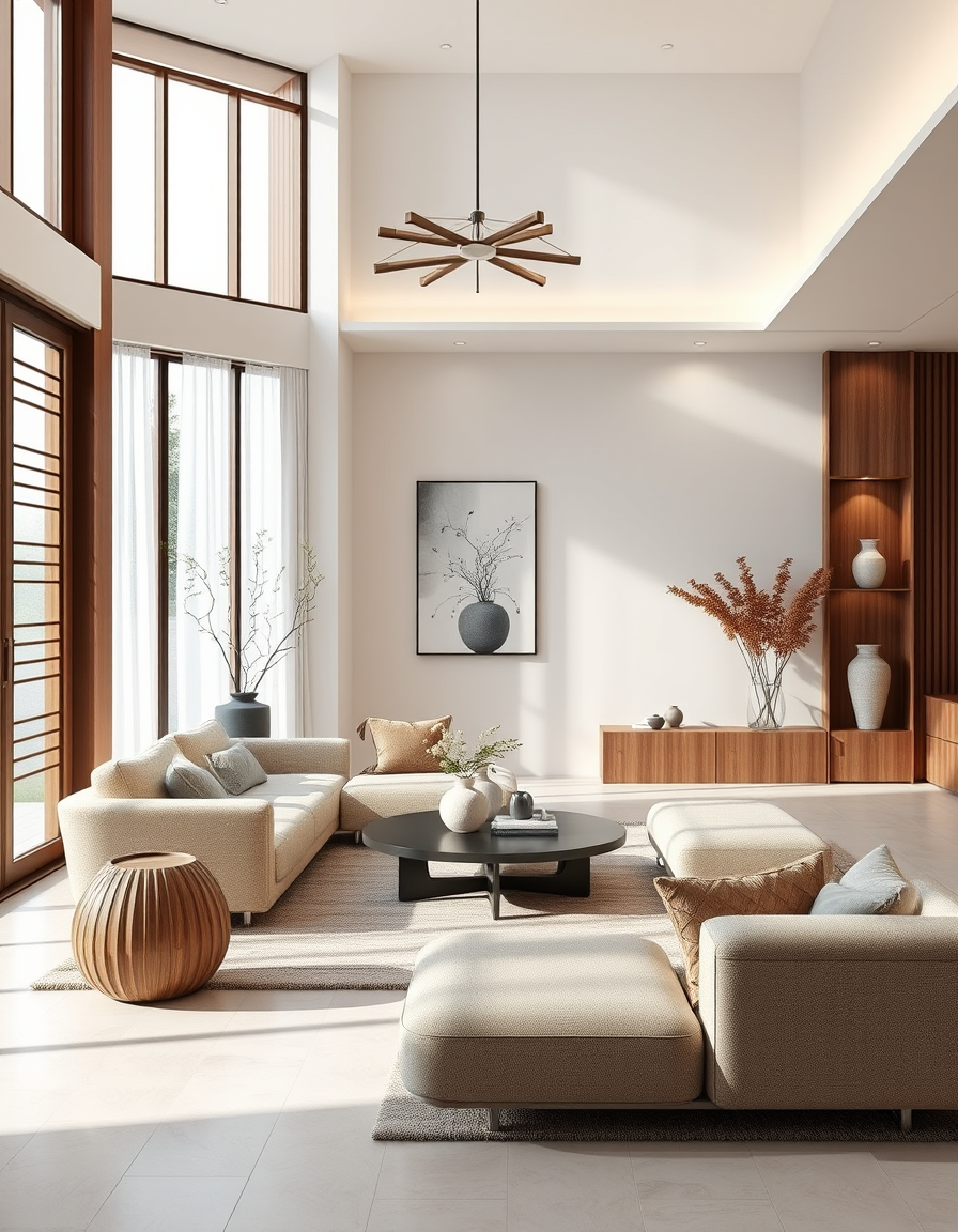 Interior Design idea: AI interior design, cohesive furniture layout decor and lighting, photorealistic interior render, un soggiorno Japandi con mobili bassi in noce, paret