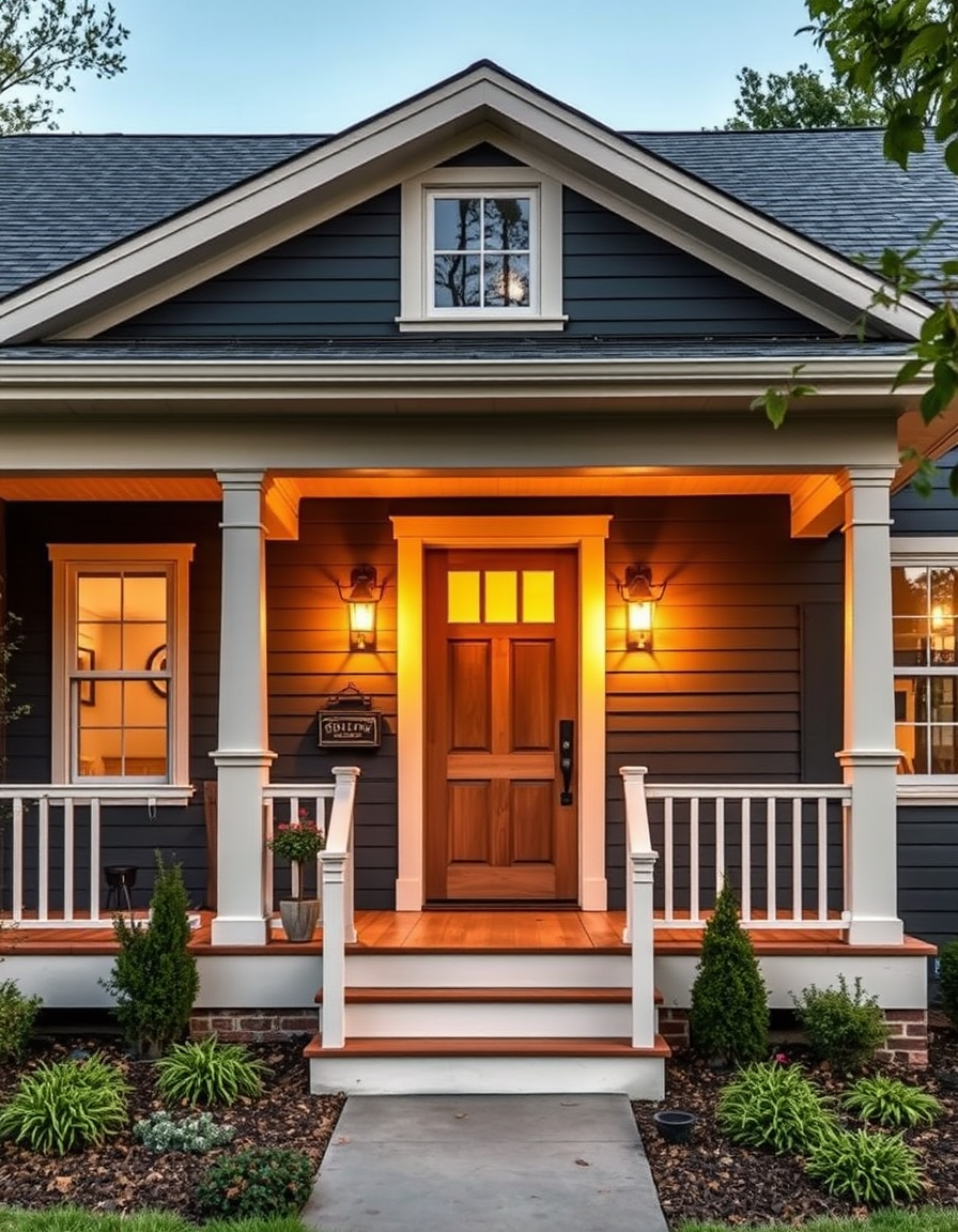 Exterior Paint idea: home exterior paint visualization, preserve architecture and landscaping, recolor siding trim and front door, A farmhouse exterior with soft black sid