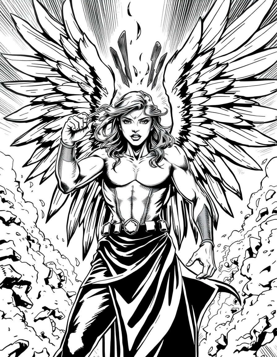 Comic Art idea: comic art, bold ink lines, halftone shading, dynamic composition, Angel , graphic novel illustration, comic panel ready
