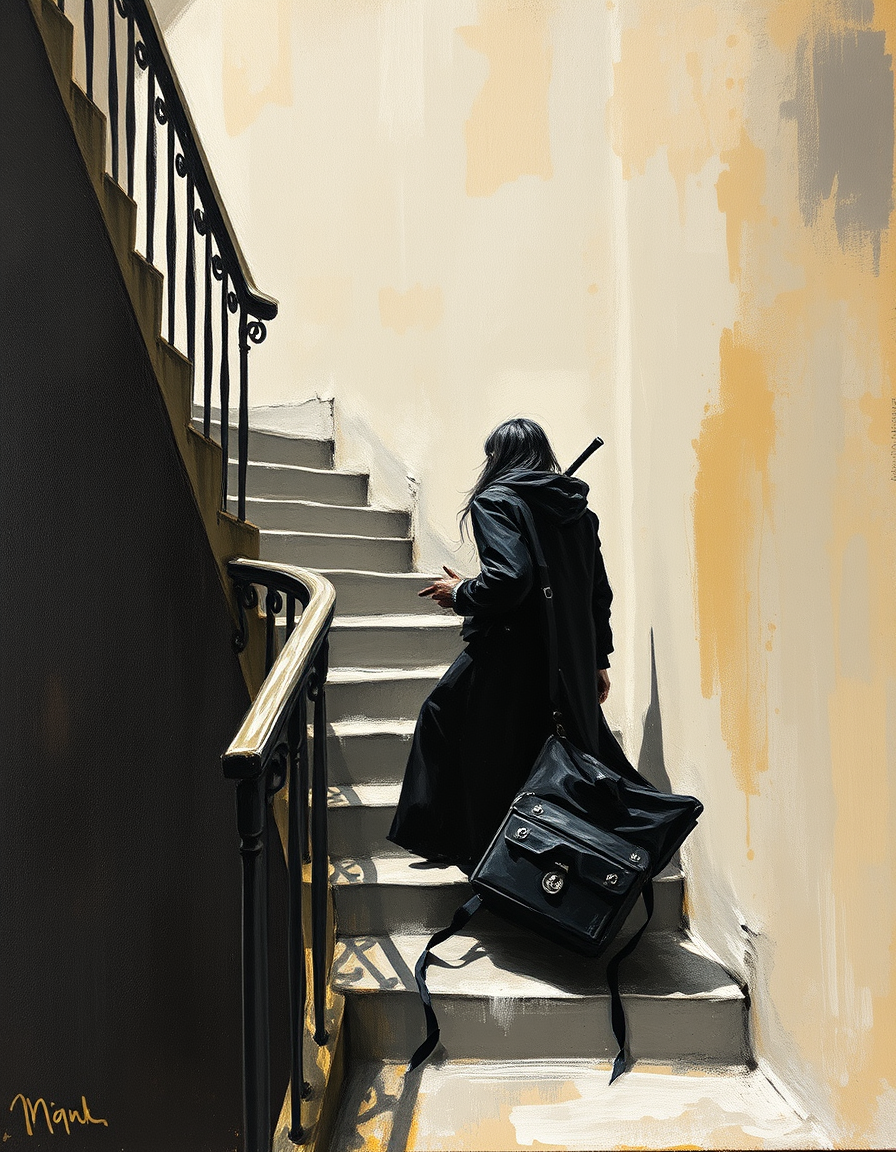 Turn Photo Into Paintings idea: painting from the photo, expressive brushwork, painterly rendering, Un jeune noir qui monte une marche d'escalier sombre et raide puis se retourne tim