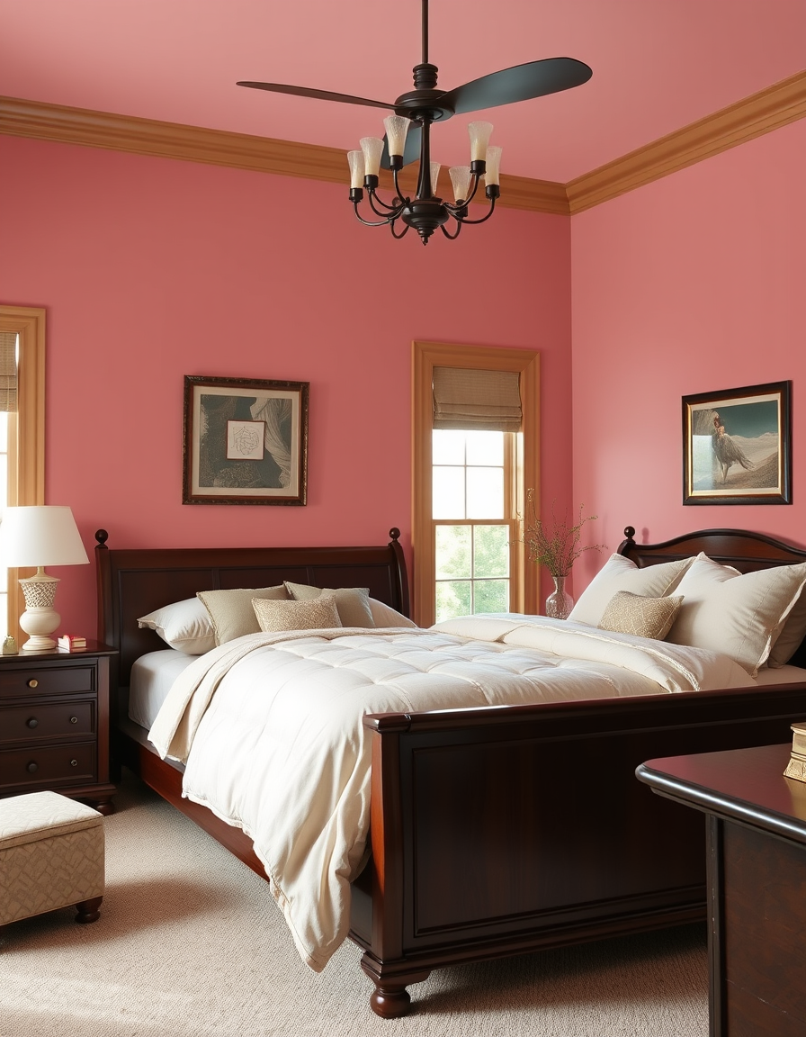 Paint Color idea: room repainted in a new wall color from the photo, accurate paint finish, photorealistic interior render, a master bedroom walls painted Rachel Pink a