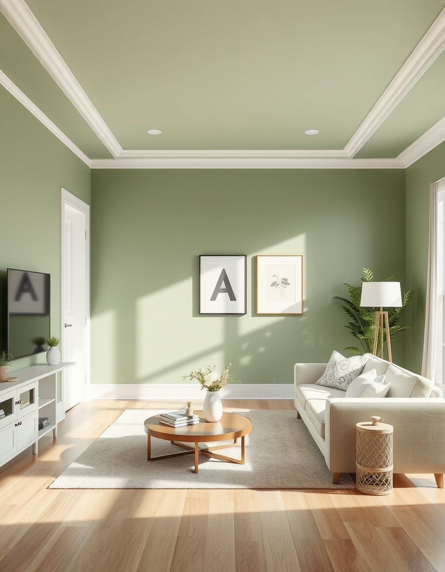 Paint Color idea: room repainted in a new wall color from the photo, accurate paint finish, photorealistic interior render, a living room with walls painted in sage gre
