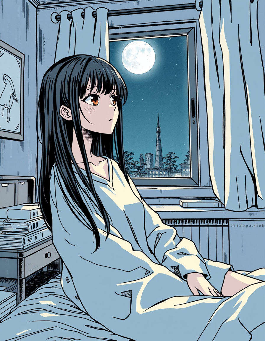 Comic Art idea: comic art, bold ink lines, halftone shading, dynamic composition, A 17-year-old girl named Aira sitting quietly in her bedroom at night, looking out o