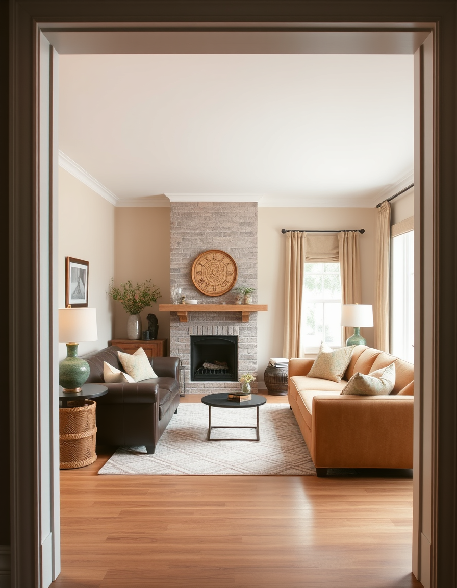 Main painting studio: Design living room. Starting from doorway. Window is placed on right side of room and is the only light source. Dark brown leather sofa left side of r