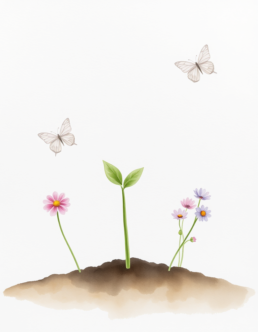 Main painting studio: A beautiful delicate watercolor painting of a tiny green seedling growing from the soil, two fresh leaves reaching toward soft sunlight, pastel pink a