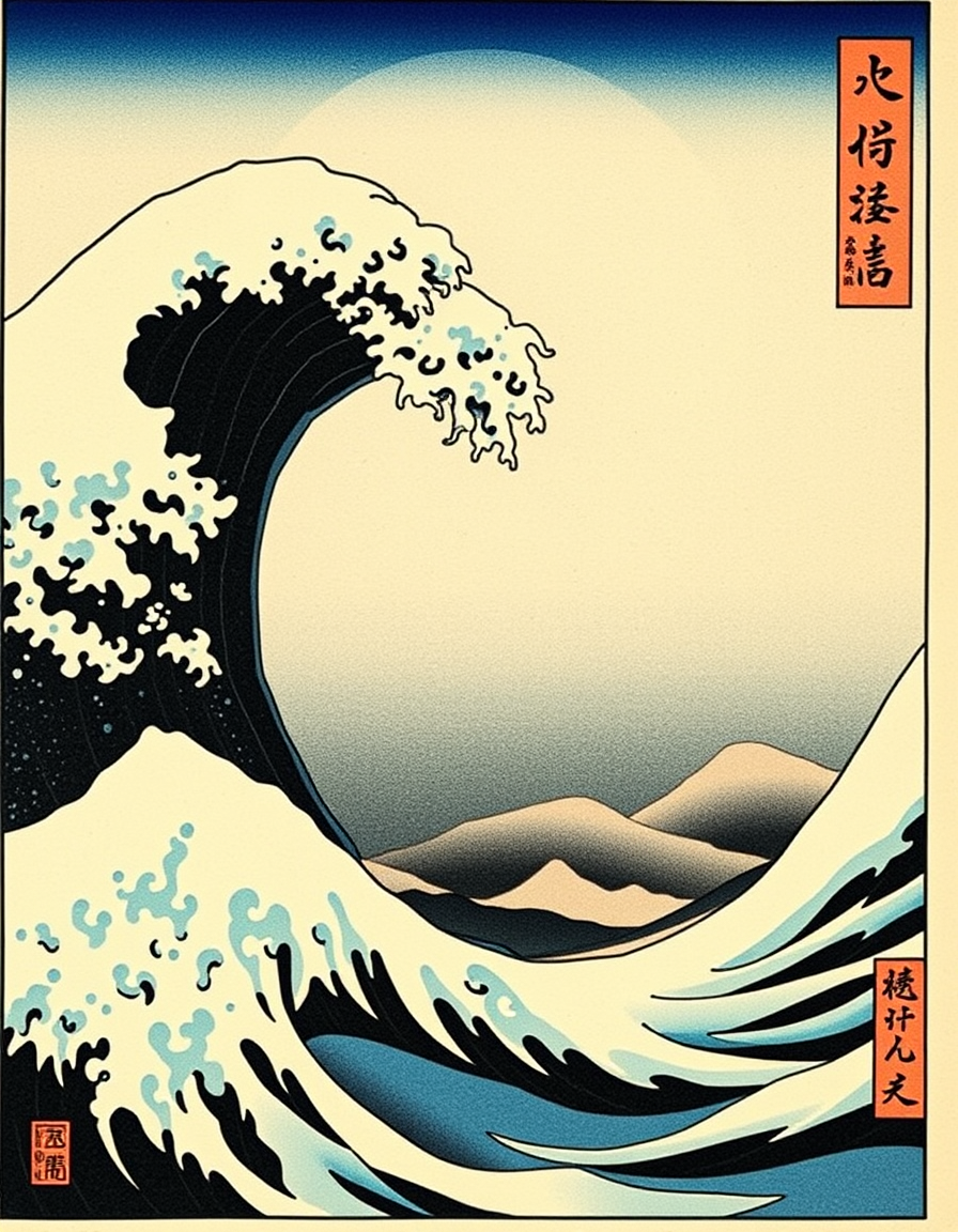 Ukiyo E idea: ukiyo-e woodblock print, flat color planes, bold black outline, traditional Japanese print, 着物を着た猫が働く , inspired by Hokusai and Hiroshige, edo-period