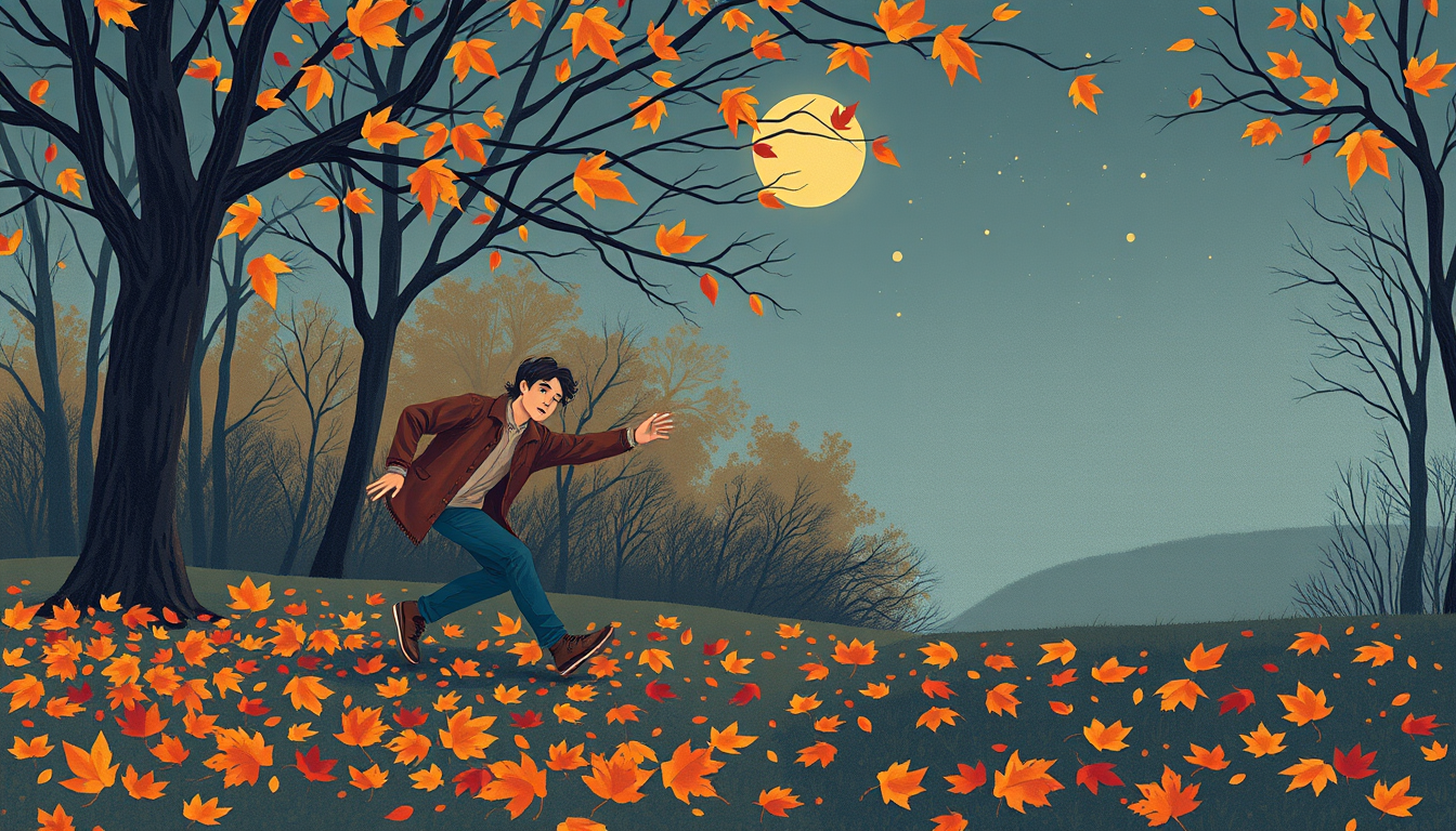 Greeting Card idea created from the prompt: greeting card design, warm illustration, space for message, A cozy autumn evening with a man slipping on leaves on the grouns , printable gr