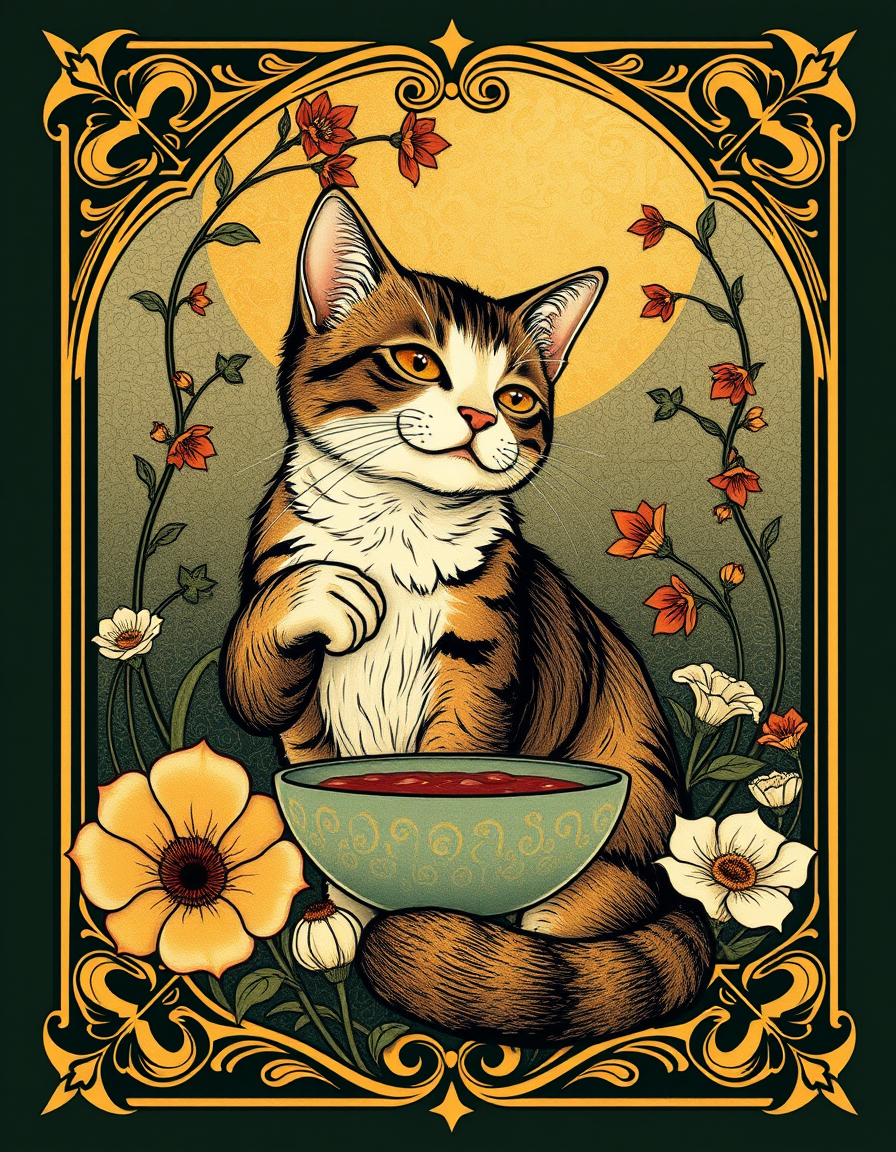 Art Nouveau idea: art nouveau illustration, flowing organic lines, decorative panel borders, ornamental floral motifs, un gato comiéndose mi desayuno , inspired by Alph