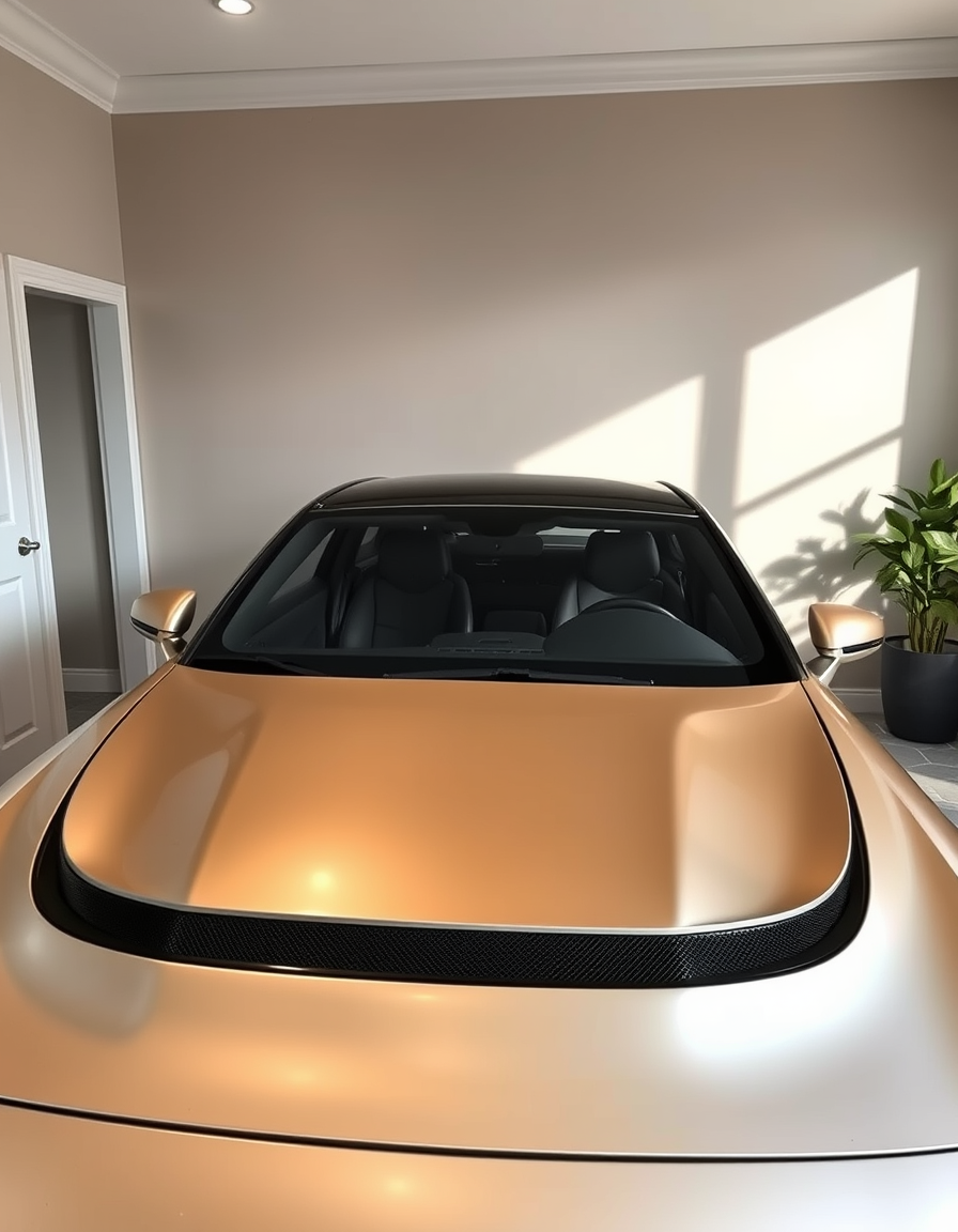 Paint Color idea: room repainted in a new wall color from the photo, accurate paint finish, photorealistic interior render, car hood that primed using gray color and ba