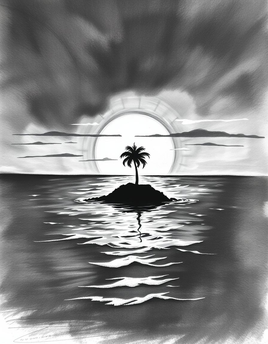 Charcoal Drawings idea: charcoal drawing, high contrast, sketchy lines, dramatic shadows, create a diomand painting of a beautiful sunset over the ocean with a small island t