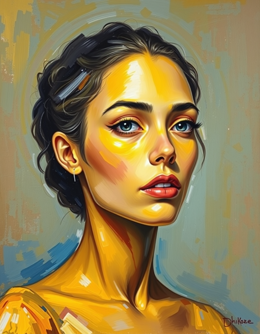 Photo To Paintings idea: painting from the photo, rich brushstrokes, painterly texture, tabla de skate apoyada en una pared de color amarillo , fine-art painting portrait