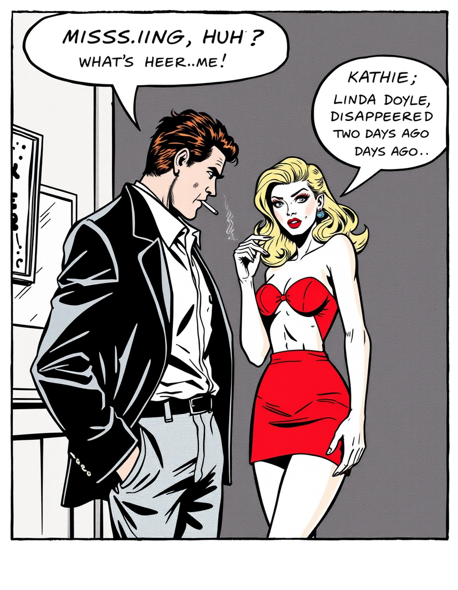 Comic Art idea: comic art, bold ink lines, halftone shading, dynamic composition, Kathie a glamorous blonde wearing a red miniskirt eyes the man skeptically, flicking