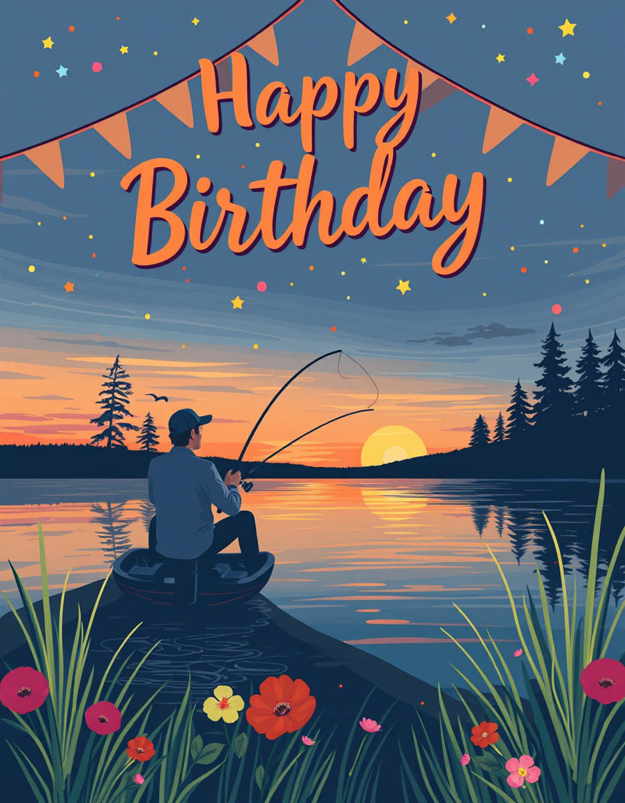 Birthday Cards idea: birthday card design, cheerful festive artwork, space for greeting, a birthday card with a picture of a mans sillouhetteon the lake fishing at sunset 