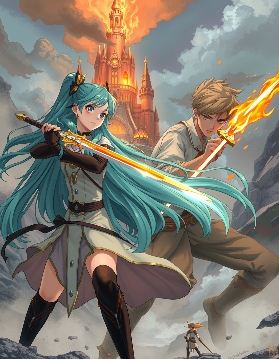 Book Covers idea: cover-ready concept art organized around genre, focal point, and title-safe space, deliberate composition, A Anime girl with super long teal hair and