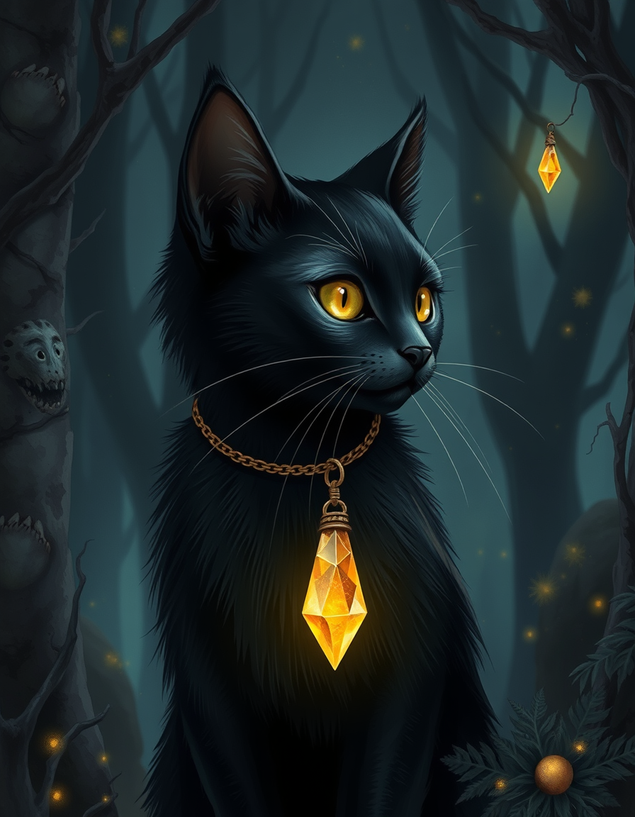 Main painting studio: Eine geheimnisvolle, dunkle Fantasy-Buchillustration. Eine wunderschöne schwarze Katze namens Mila steht in einem nebligen, dunklen Zauberwald. Um ihr