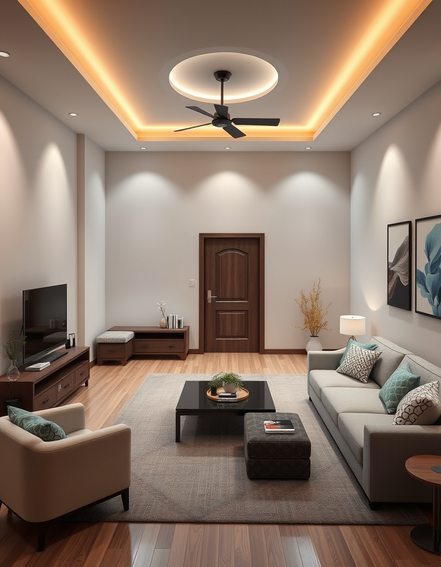 Room Design idea: AI room design, full room layout furniture and lighting, photorealistic interior render, 9ft by 9ft room door at end of wall , room design visualizati