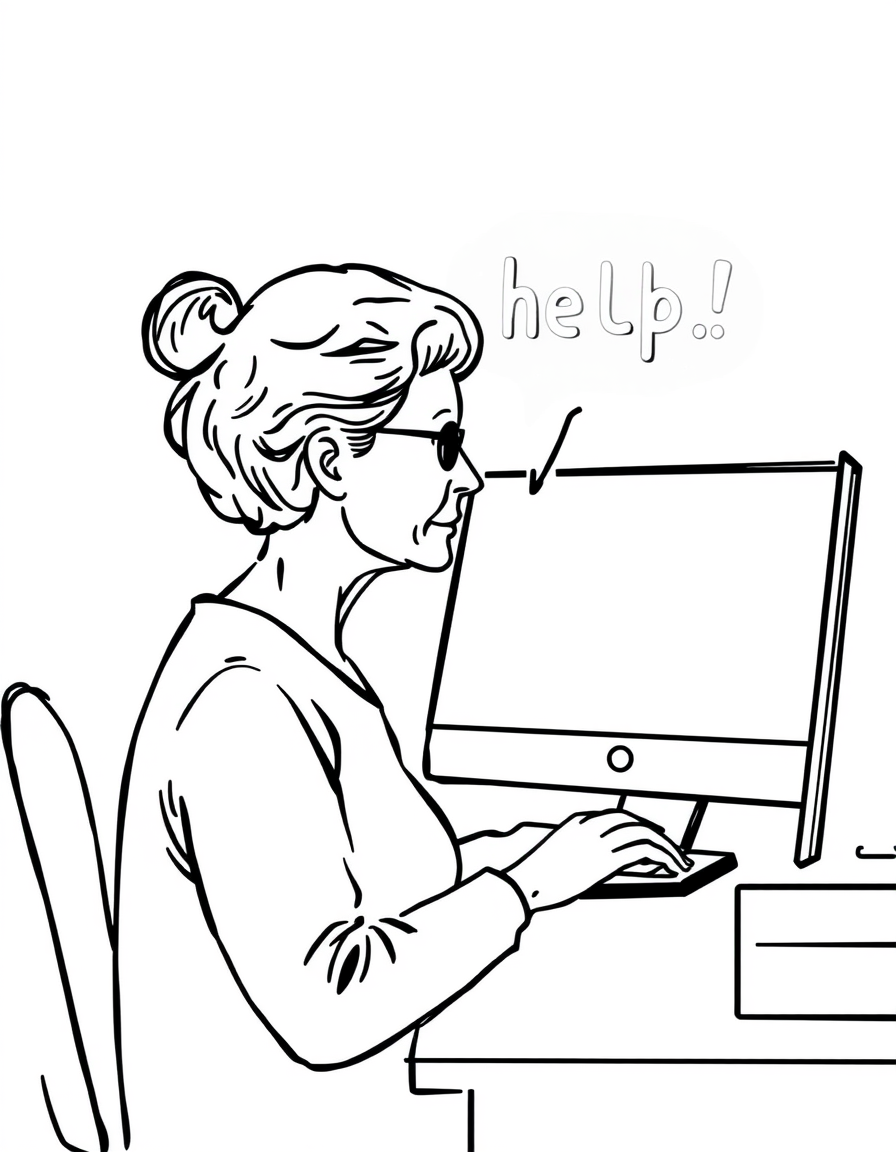 Photo To Outline idea: photo to outline drawing, clean contour lines, minimal shading, preserve subject silhouette, older woman at computer saying help! , simple black line